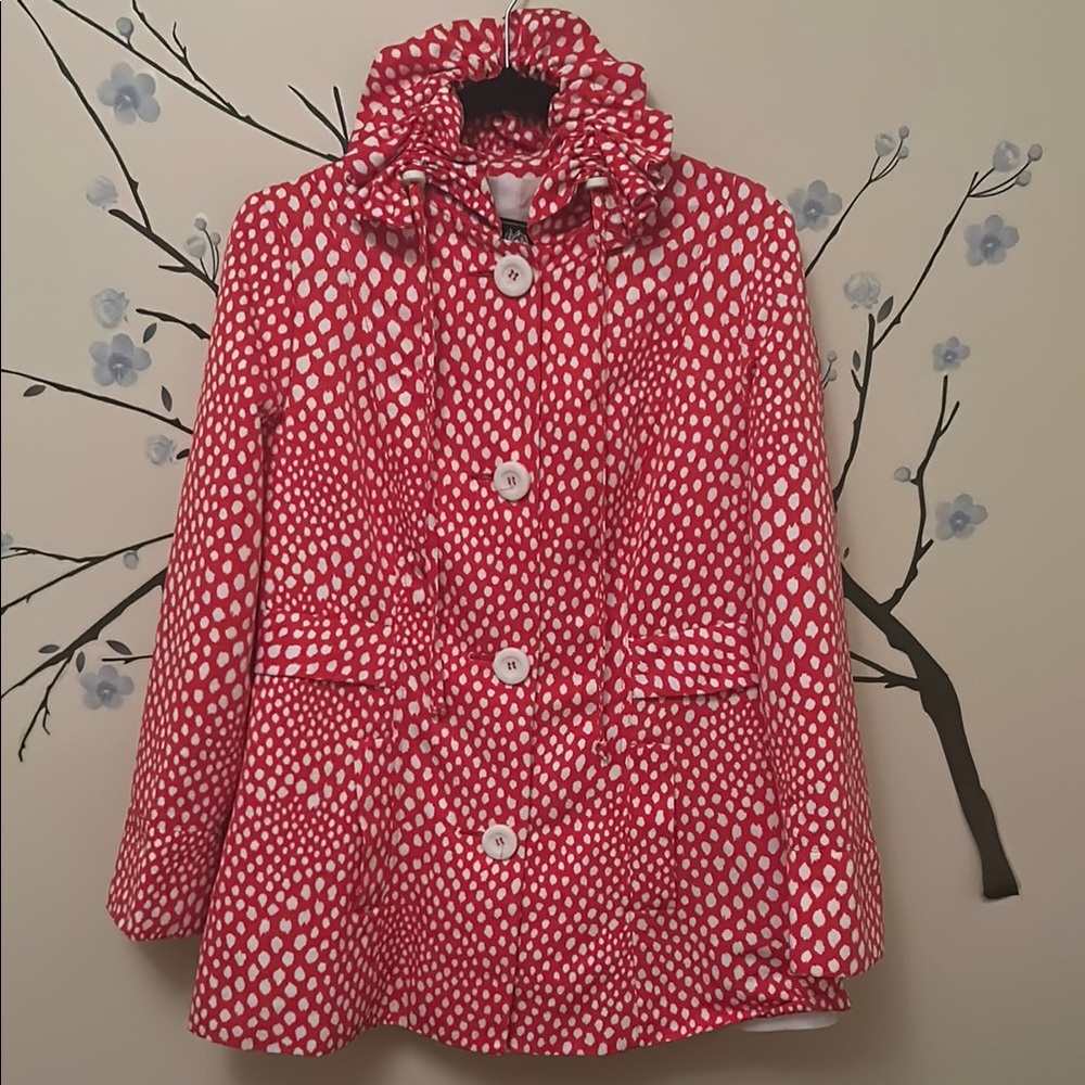 Abbie Mags VGUC Red and White Polka Dot button up Coat with Ruffle Collar